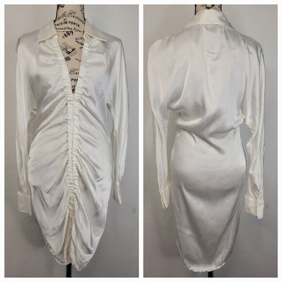 Zara Shirt Dress Womens SZ Small Satin Ruched Front Drape Blogger Fav Ivory - Picture 2 of 11